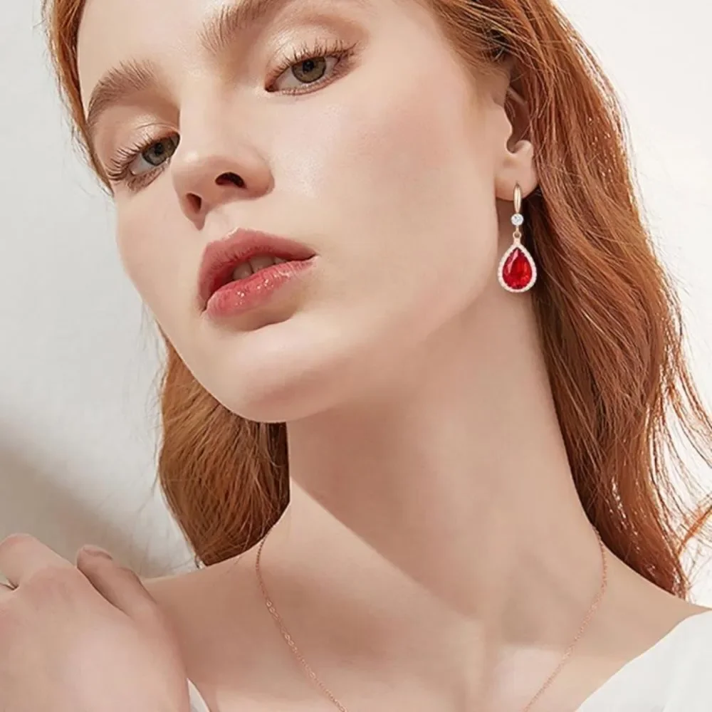 14K Rose Gold with Ruby Red Cubic Zirconia Teardrop Hook Dangling Earrings